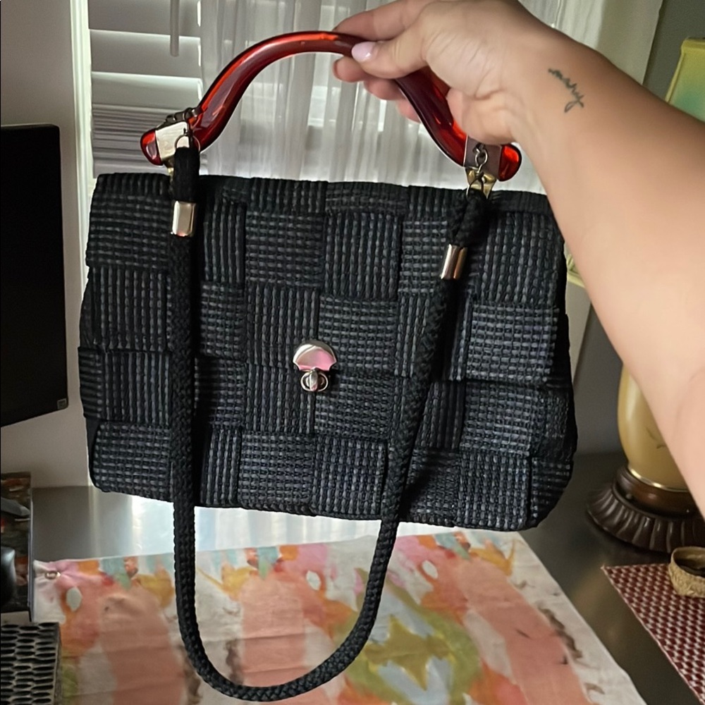 Black Woven vintage Handbag with acrylic handle